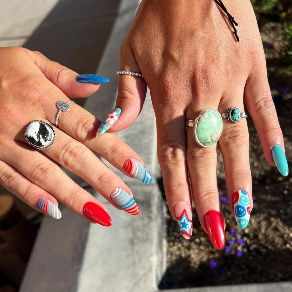 Bright Funky 4Th of July Nails